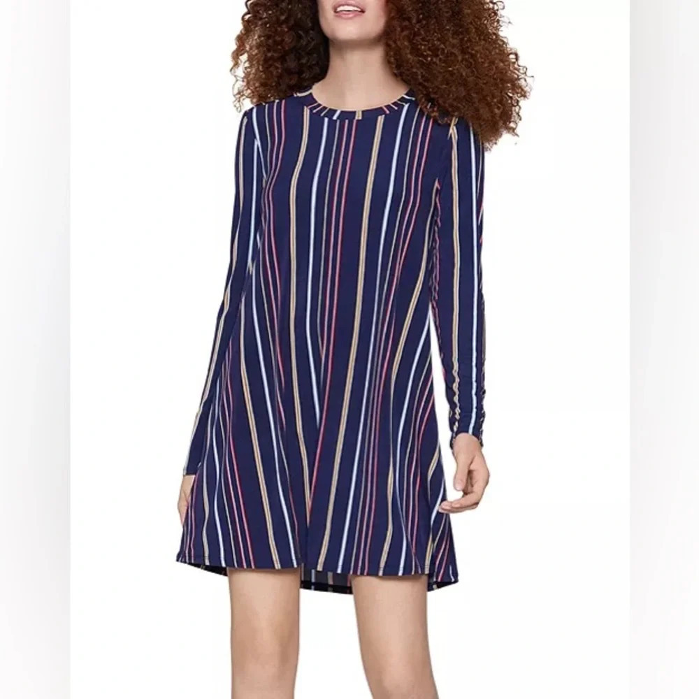 BCBGeneration Navy Long-Sleeve Striped A-Line Dress XXS
